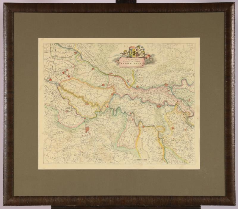 Een handingekleurde kaart van Nijmegen en omgeving naar ouder voorbeeld. 