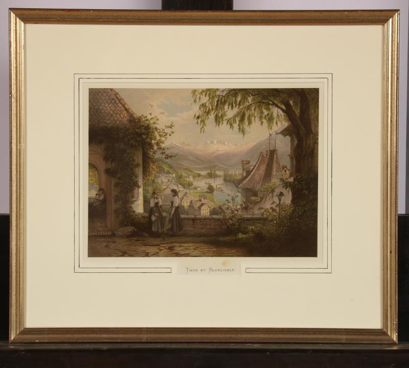 Een oude lithografie van een alpenlandschap. "Thun et Blumisalp"