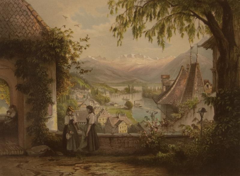 Een oude lithografie van een alpenlandschap. "Thun et Blumisalp"