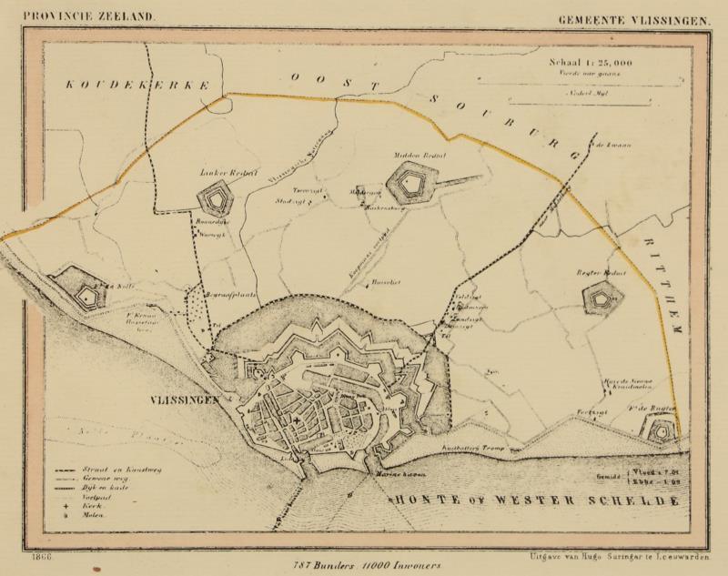 Twee handingekleurde kaarten van resp. Gemeente Vlissingen en Gemeente Zoutelande, naar een erdere uitgave van Hugo Suringar, Leeuwarden.