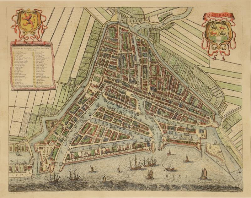 Een handingekleurde kaart van Rotterdam met lagenda in een cartouche linksboven. naar een eerdere uitgave van Fr. De Wit uit 1608.