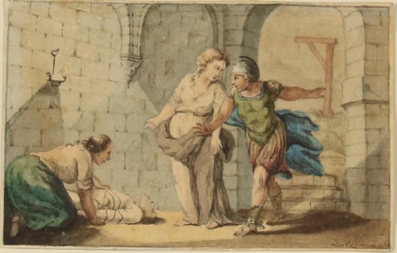 Een handingekleurde tekening voorstellende een veroordeelde die aan de galg ontsnapt. Onduidelijk gesigneerd (rechtsonder) gewassen inkt en aquarel op papier
