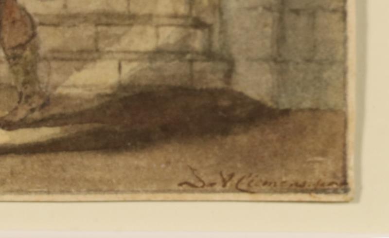 Een handingekleurde tekening voorstellende een veroordeelde die aan de galg ontsnapt. Onduidelijk gesigneerd (rechtsonder) gewassen inkt en aquarel op papier