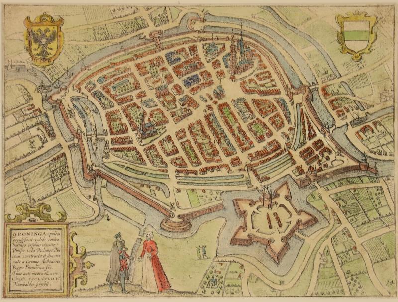 Een handingekleurde prent van de stad Groningen m et Stads-, en Provinciewapen, en lagenda linksonder. 