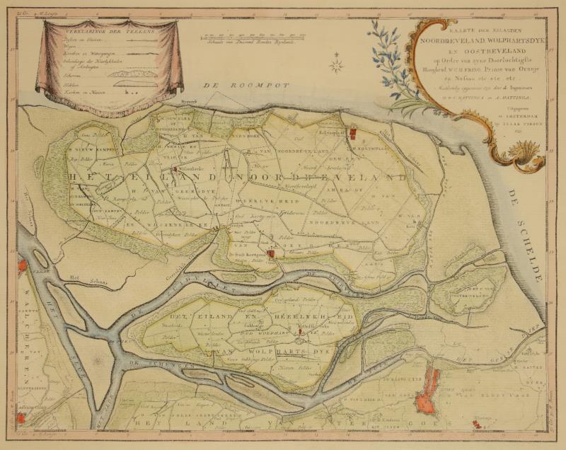Een handingkleurde kaart van Noord Beveland met een langenda in een cartouche linksboven en een titel linksboven. Naar ouder voorbeeld van Isaak Tririon.