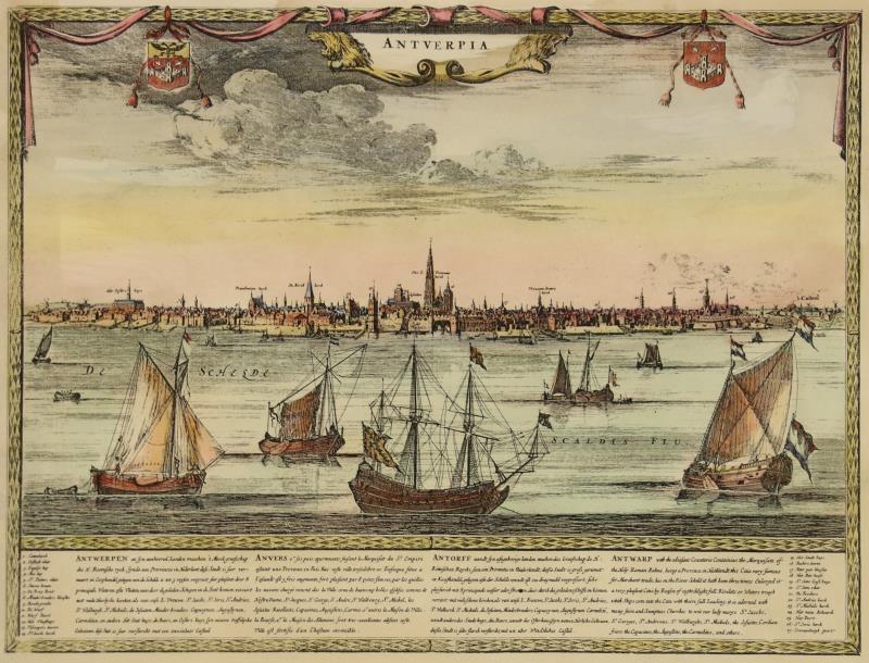 Een handingekleurde prent van de Haven van Antwerpen. Met lagenda onder en  het Stads-, en Provinciewapen boven.