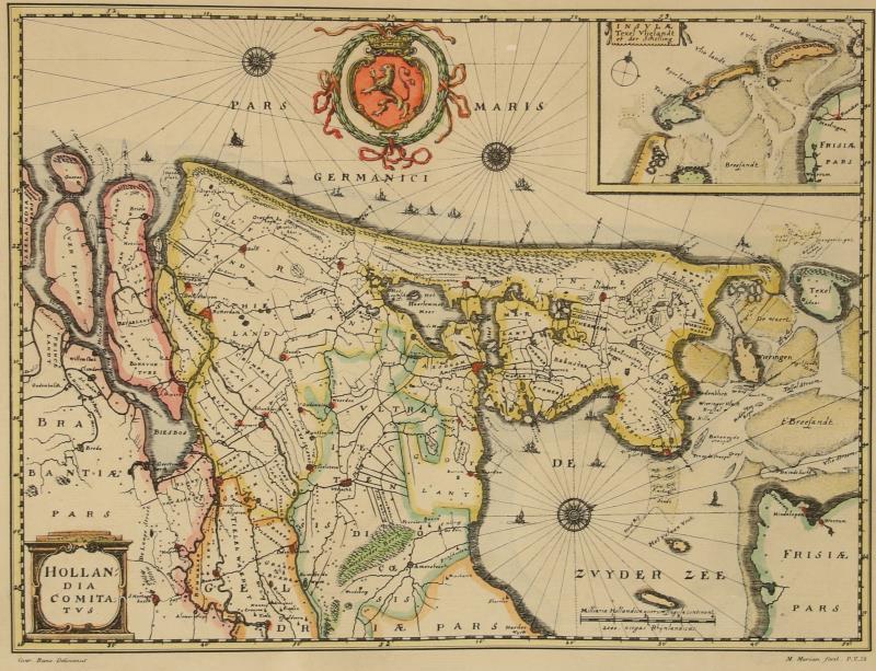 Een handingekleurde kaart van Holland en de Waddeneilanden naar M. Merian. 