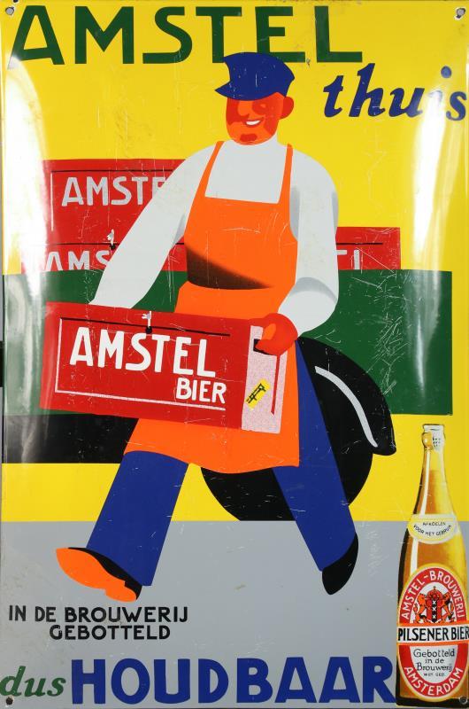 Een emaille reclamebord van Amstel Bier. Nederland, midden 20e eeuw.