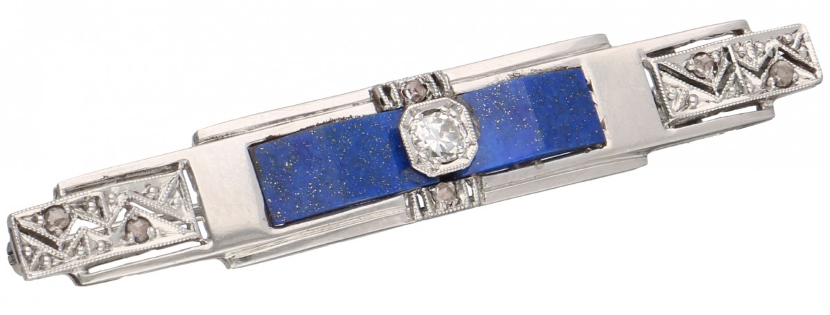 Witgouden / platina broche, met ca. 0.10 ct. diamant en lapis lazuli - 14 kt. en Pt 950.