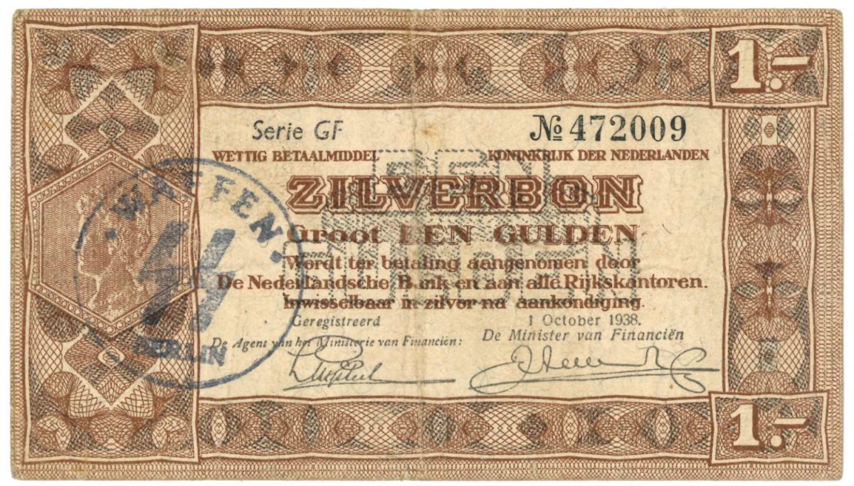 Nederland 1 gulden Zilverbon Type 1938 - Fraai +