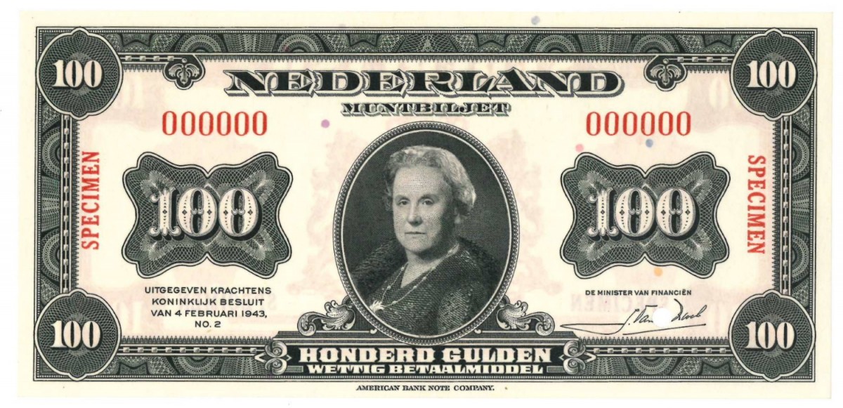 Nederland 100 gulden Muntbiljet Type 1943 Wilhelmina - UNC