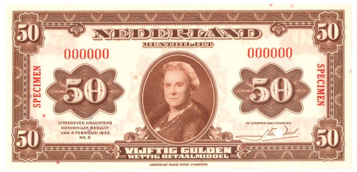 Nederland 50 gulden Muntbiljet Type 1943 Wilhelmina - UNC