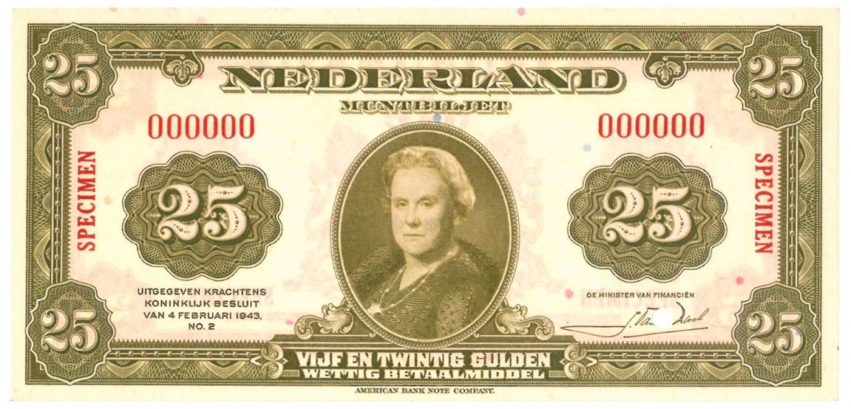 Nederland 25 gulden Muntbiljet Type 1943 Wilhelmina - UNC