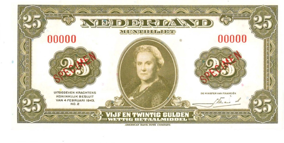 Nederland 25 gulden Muntbiljet Type 1943 Wilhelmina - UNC