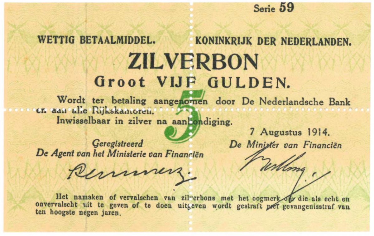Nederland 5 gulden Zilverbon Type 1914 - Prachtig