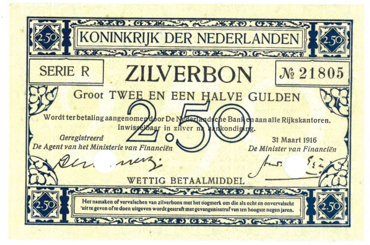Nederland 2½ gulden Zilverbon Type 1915 - UNC