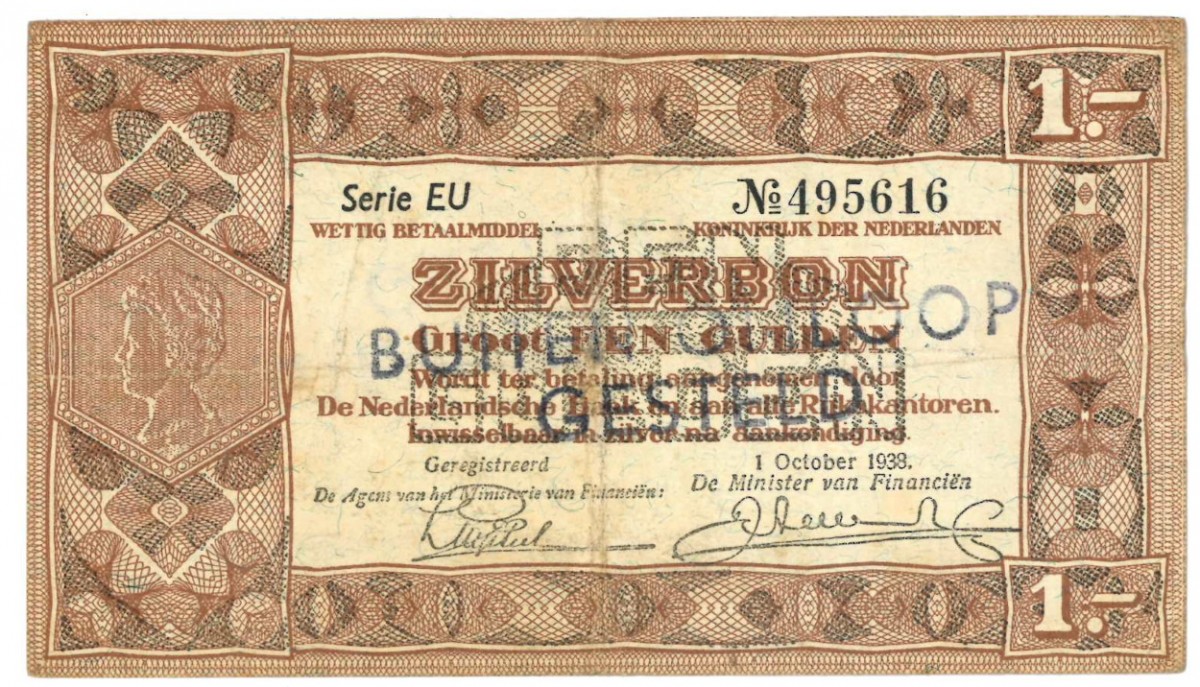 Nederland 1 gulden Zilverbon Type 1938 - Zeer Fraai -
