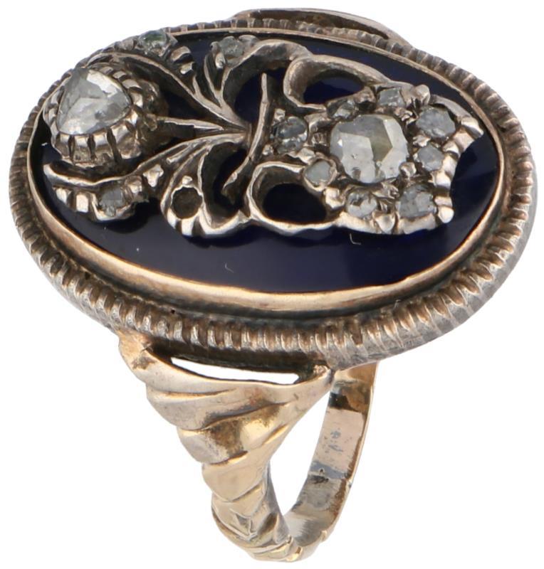 Geelgouden ring, diamant en blauwe emaille - 14 kt.