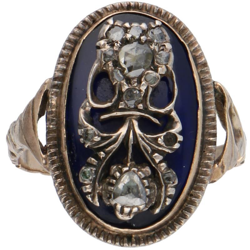 Geelgouden ring, diamant en blauwe emaille - 14 kt.