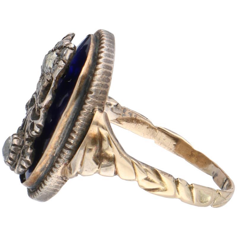 Geelgouden ring, diamant en blauwe emaille - 14 kt.