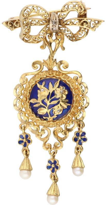 Geelgouden broche, diamant, cultivé parel en blauw geëmailleerd - 18 kt.