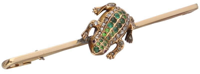 Geelgouden broche met kikker, diamant en smaragd - 18 kt.