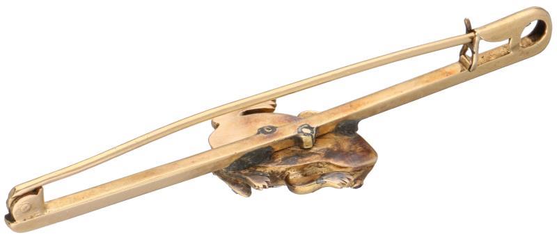 Geelgouden broche met kikker, diamant en smaragd - 18 kt.