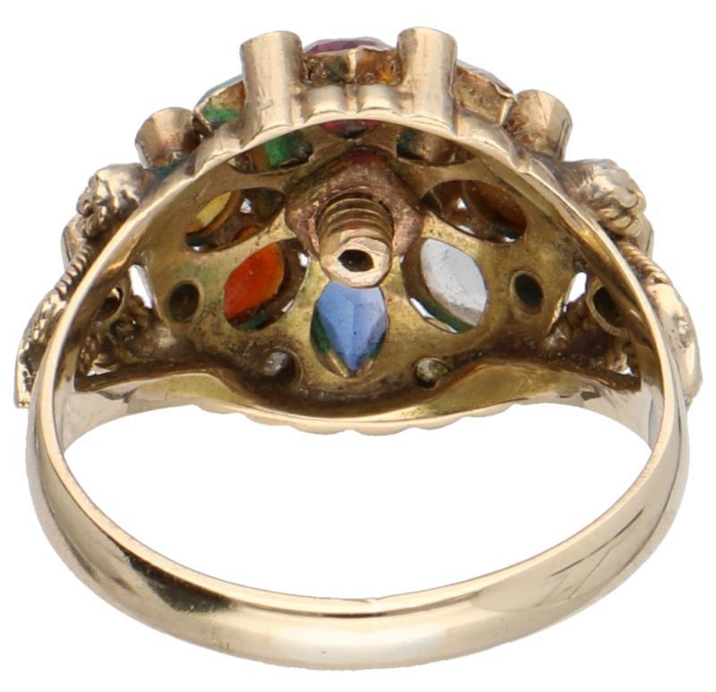 Geelgouden cocktailring, ca. 0.12 ct. diamant, citrien, robijn, saffier, granaat, chrysopraas, tijgeroog en bergkristal - 14 kt.