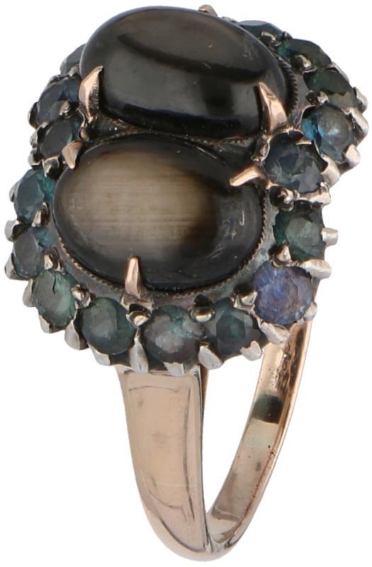 Roségouden ring, obsidiaan en diverse kleuren toermalijn - 14 kt.
