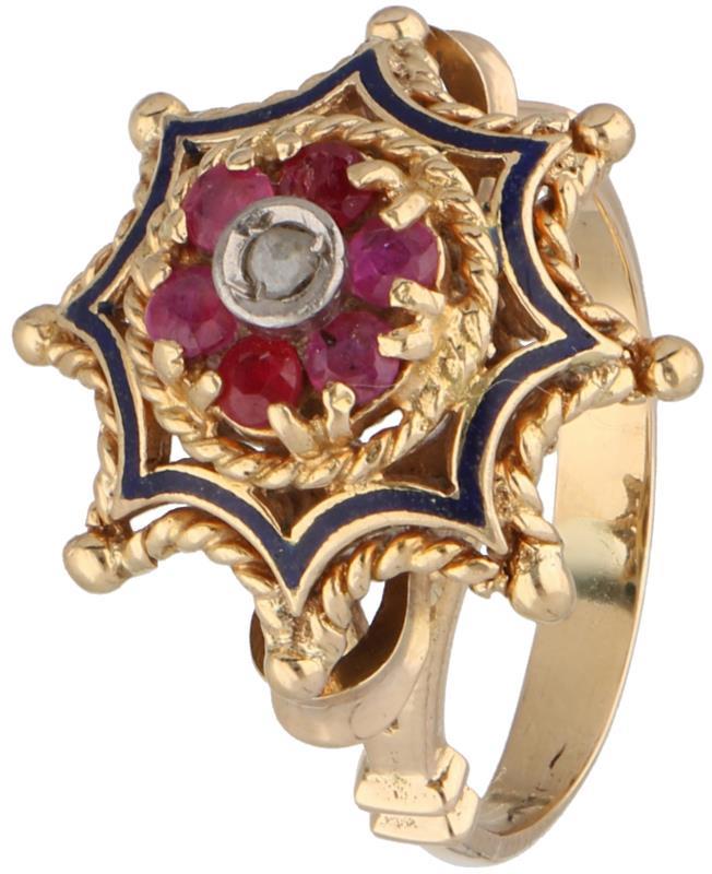 Geelgouden stervormige ring, diamant, robijn en blauwe emaille - 18 kt.