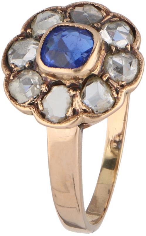 Roségouden rozetring, diamant en blauwe spinel - 18 kt.