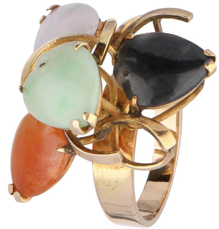 Geelgouden cocktail ring, groene/oranje/zwarte/witte jade - 14 kt.