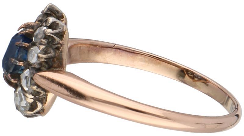 Geelgouden ring, diamant en saffier - 18 kt.