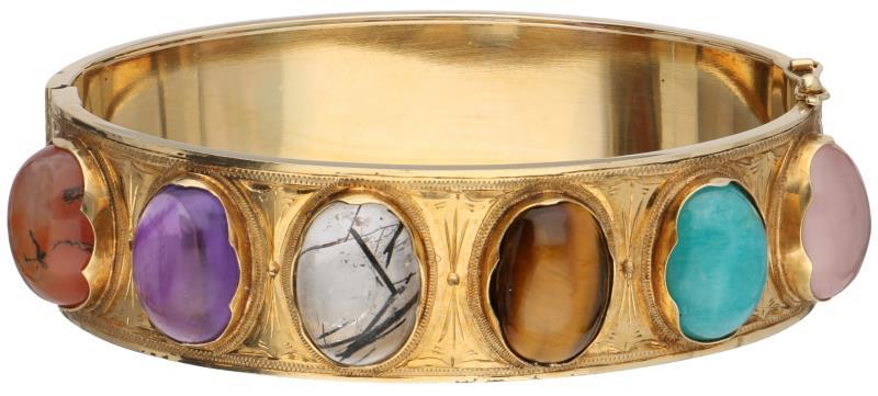 Geelgouden slavenarmband, rozenkwarts, amazoniet, tijgeroog, rutielkwarts, amethist en mosagaat - 14 kt.