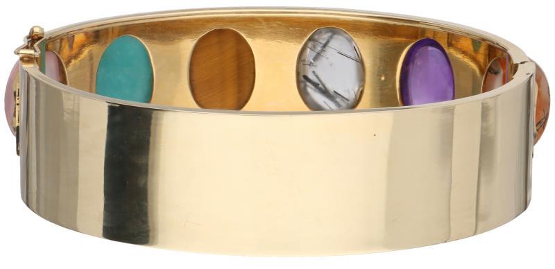 Geelgouden slavenarmband, rozenkwarts, amazoniet, tijgeroog, rutielkwarts, amethist en mosagaat - 14 kt.