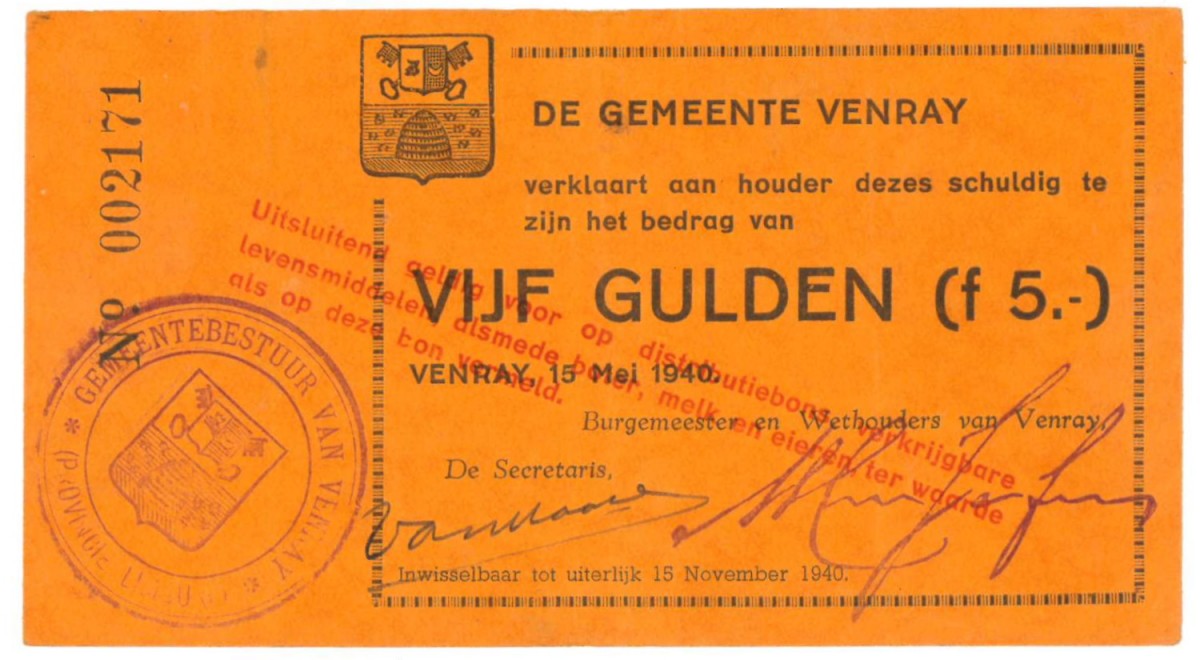 Nederland 5 gulden Noodgeld Type 1940 Venray Limburg - Fraai