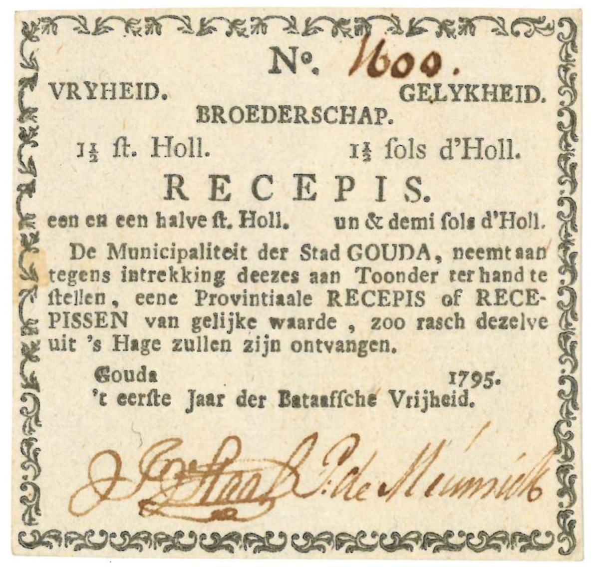 Nederland 1½ stuiver Recepisse Type 1795 Gouda - Zeer Fraai
