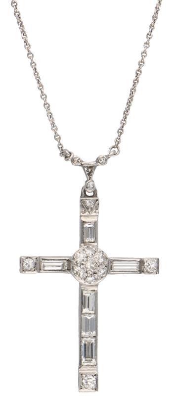 Witgouden collier met een kruisvormige hanger, ca. 0.94 ct. diamant - 18 kt.