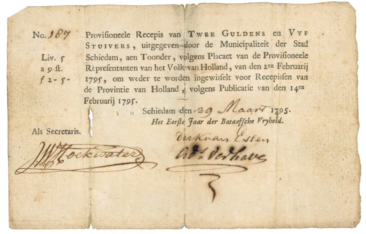 Nederland 2 gulden en 5 stuivers Recepisse Type 1795 Schiedam - Zeer Goed
