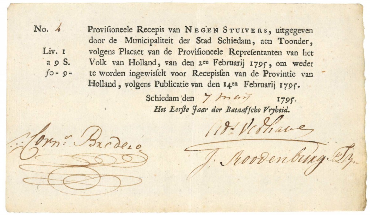 Nederland 9 stuivers Recepisse Type 1795 Schiedam - Prachtig