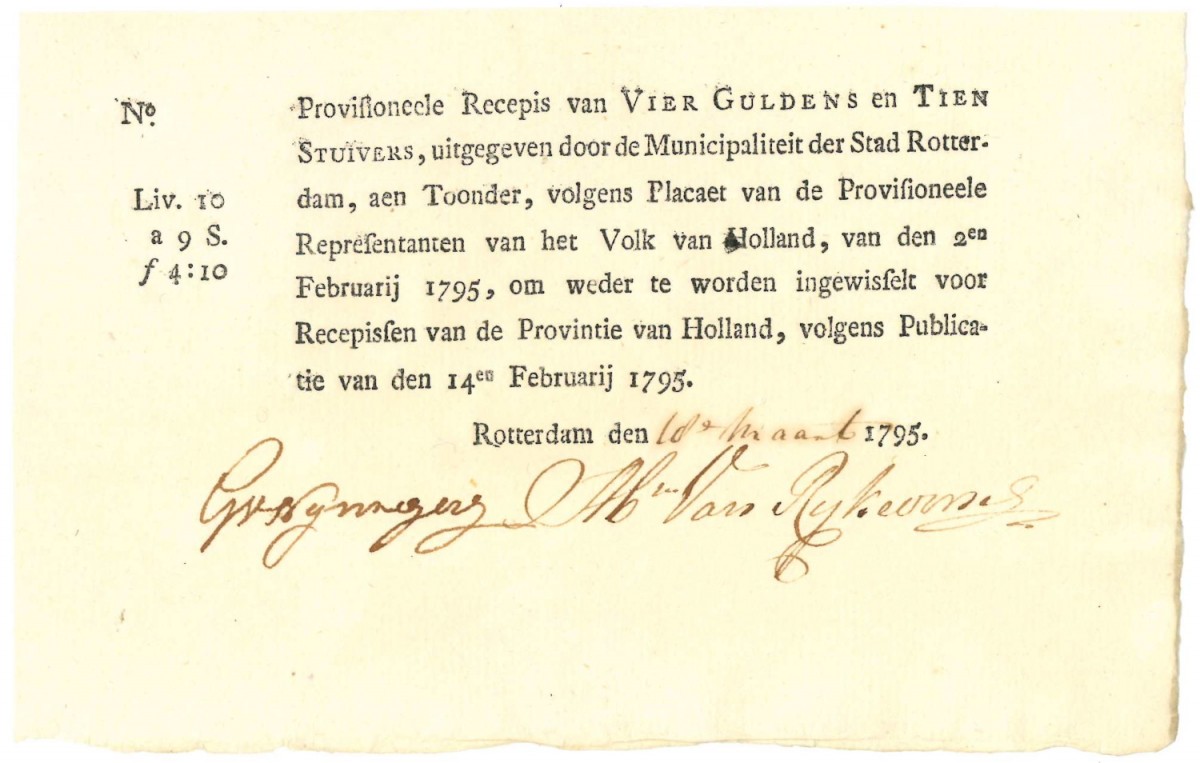 Nederland 4 gulden en 10 stuivers Recepisse Type 1795 Rotterdam - Nagenoeg UNC