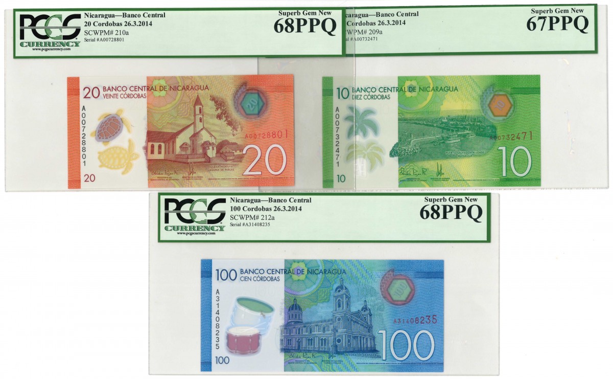Nicaragua 10, 20 and 100 cordobas Banknote Type 2014 - UNC