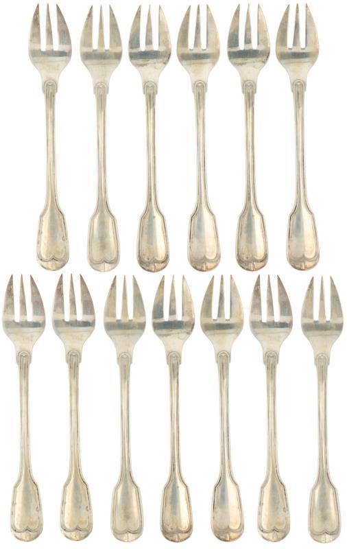 (13) Delige set gebaksvorkjes zilver.