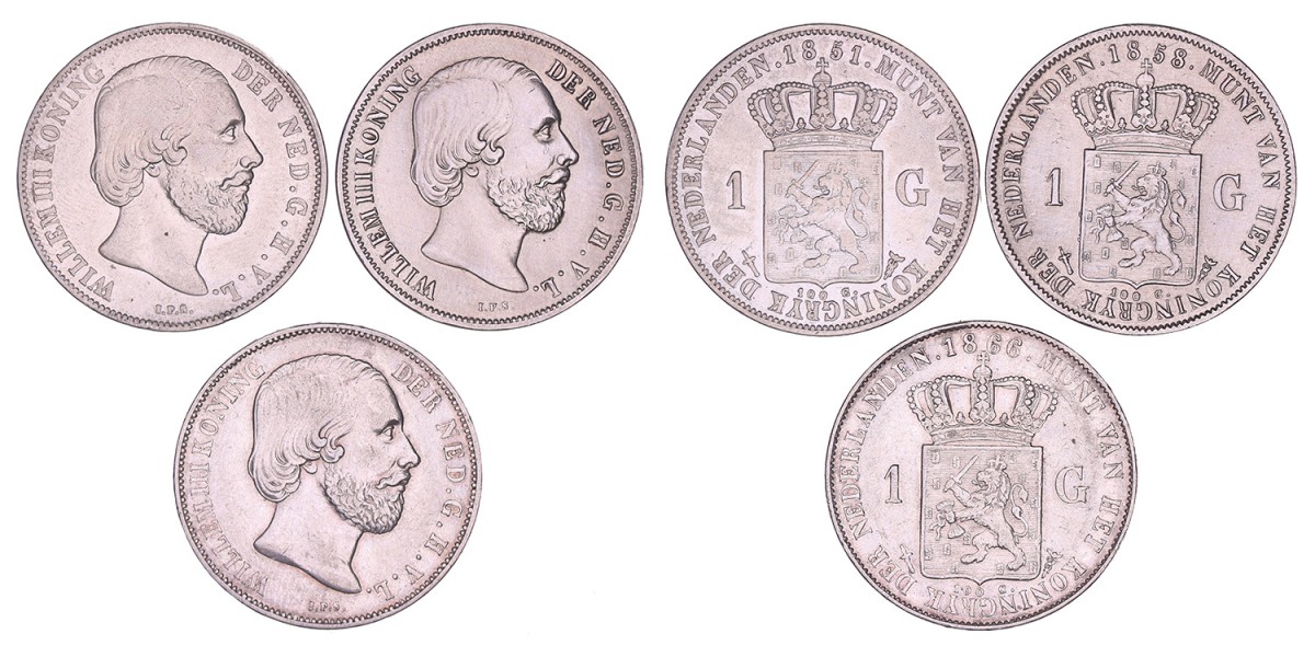 Lot (3) 1 Gulden Willem III 1851, 1856 en 1866. Fraai - Prachtig (Gepoetst).