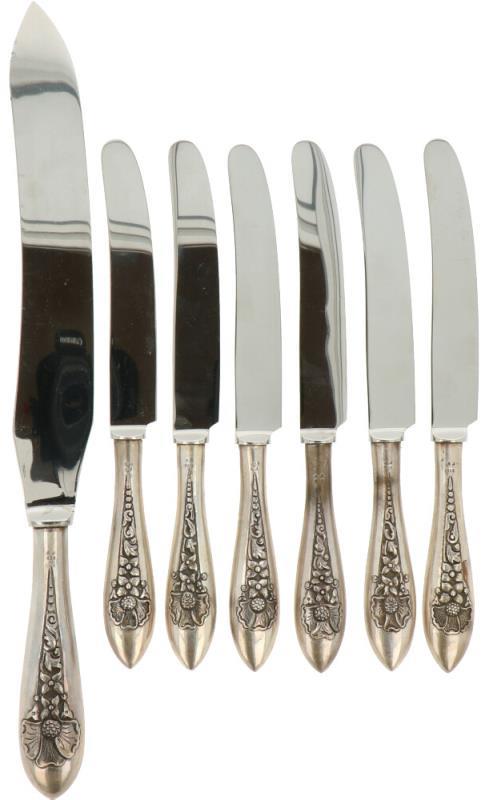 (6) Delige set messen & Vleesmes zilver.