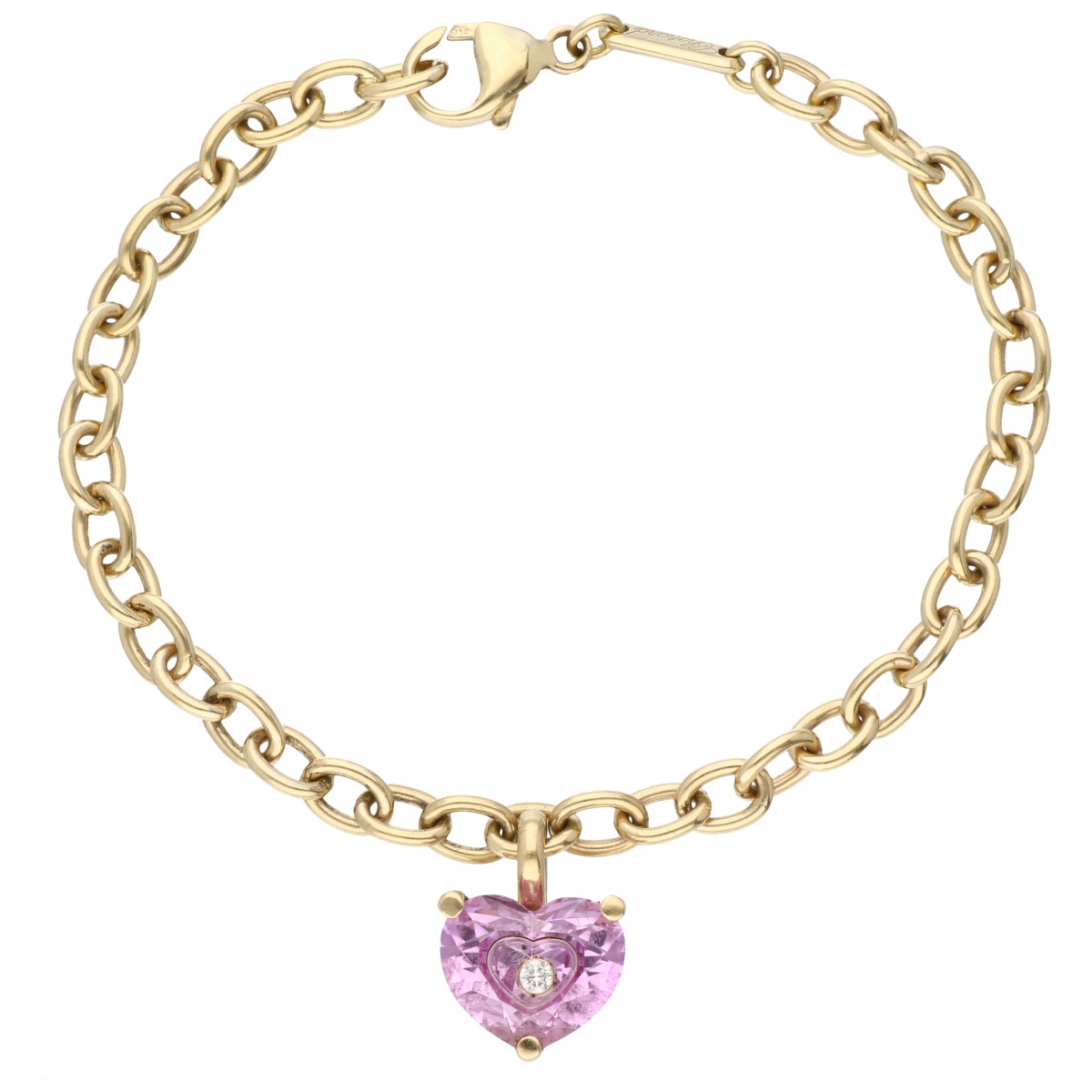 18 kt. Geelgouden Chopard armband met ca. 0.02 ct. diamant gezet in een 'So Happy' hartvormige synthetische roze saffier.