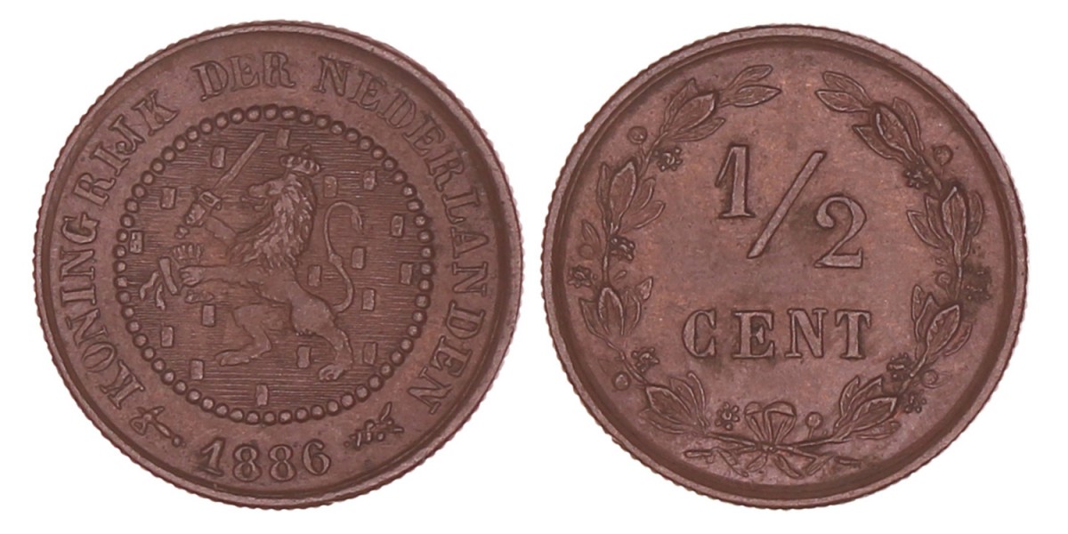 ½ Cent Willem III 1886. Prachtig.