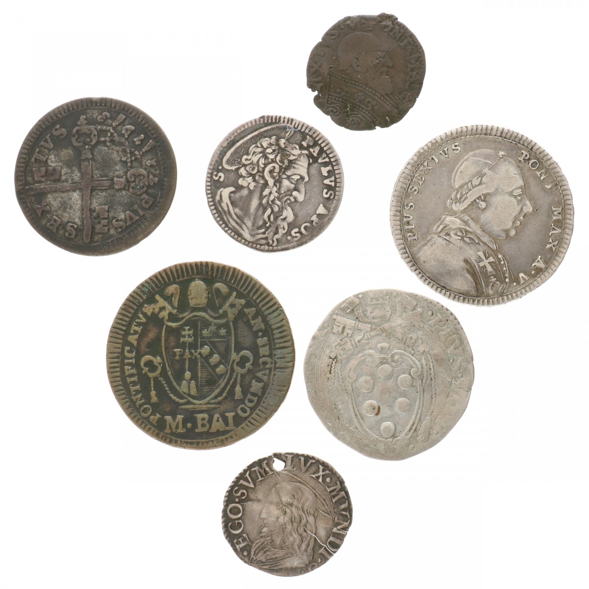 Italian states. Papal states. Lot (7) Silver and bronze coins. 16th -.19th century.