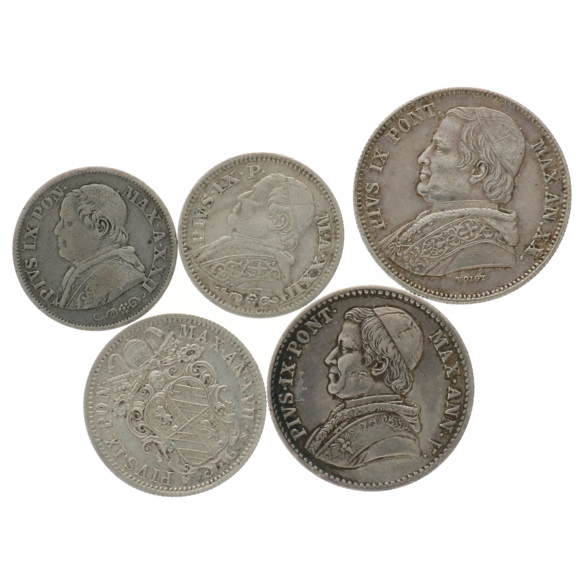 Italian states. Papal states. Pius IX. Lot (5) Baiocchi coins. 19th century.