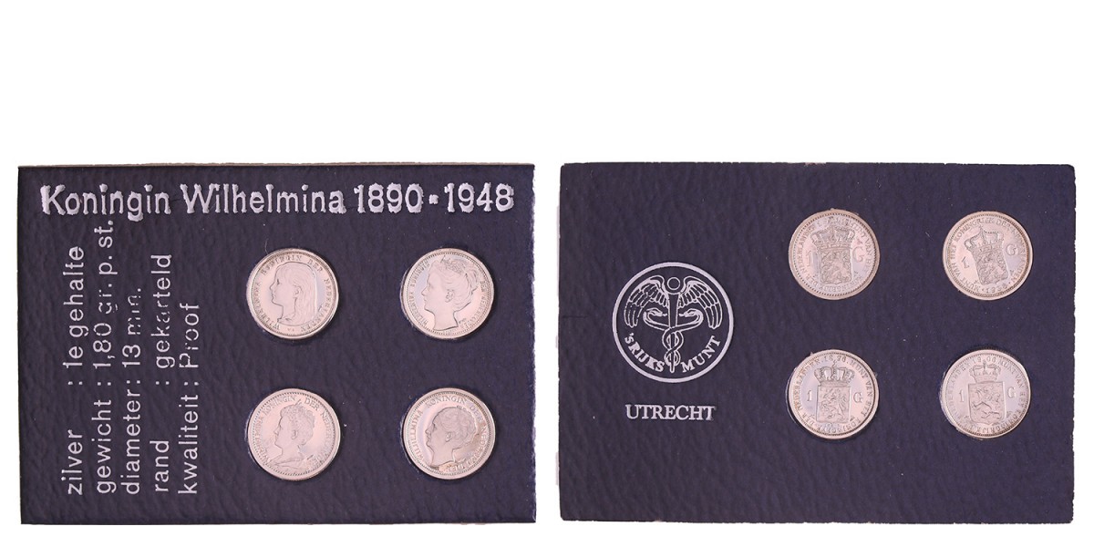 Herdenkingsset Gulden (mini replica's) Wilhelmina 1896, 1906, 1911 en 1938. Proof.